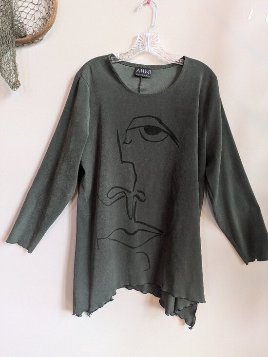Ahni Tops - ahni olive green faux suede top long sleeve asymmetrical size 2 made in USA #655
